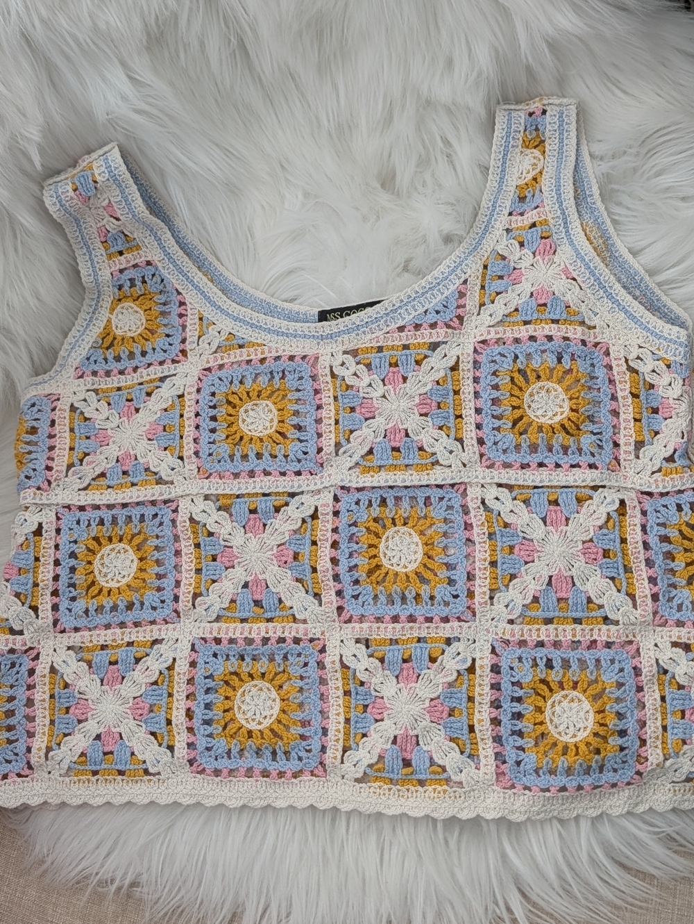 Crochet Square-Panel Copped Tank Top  Multicolor Sz M - Picture 8 of 9